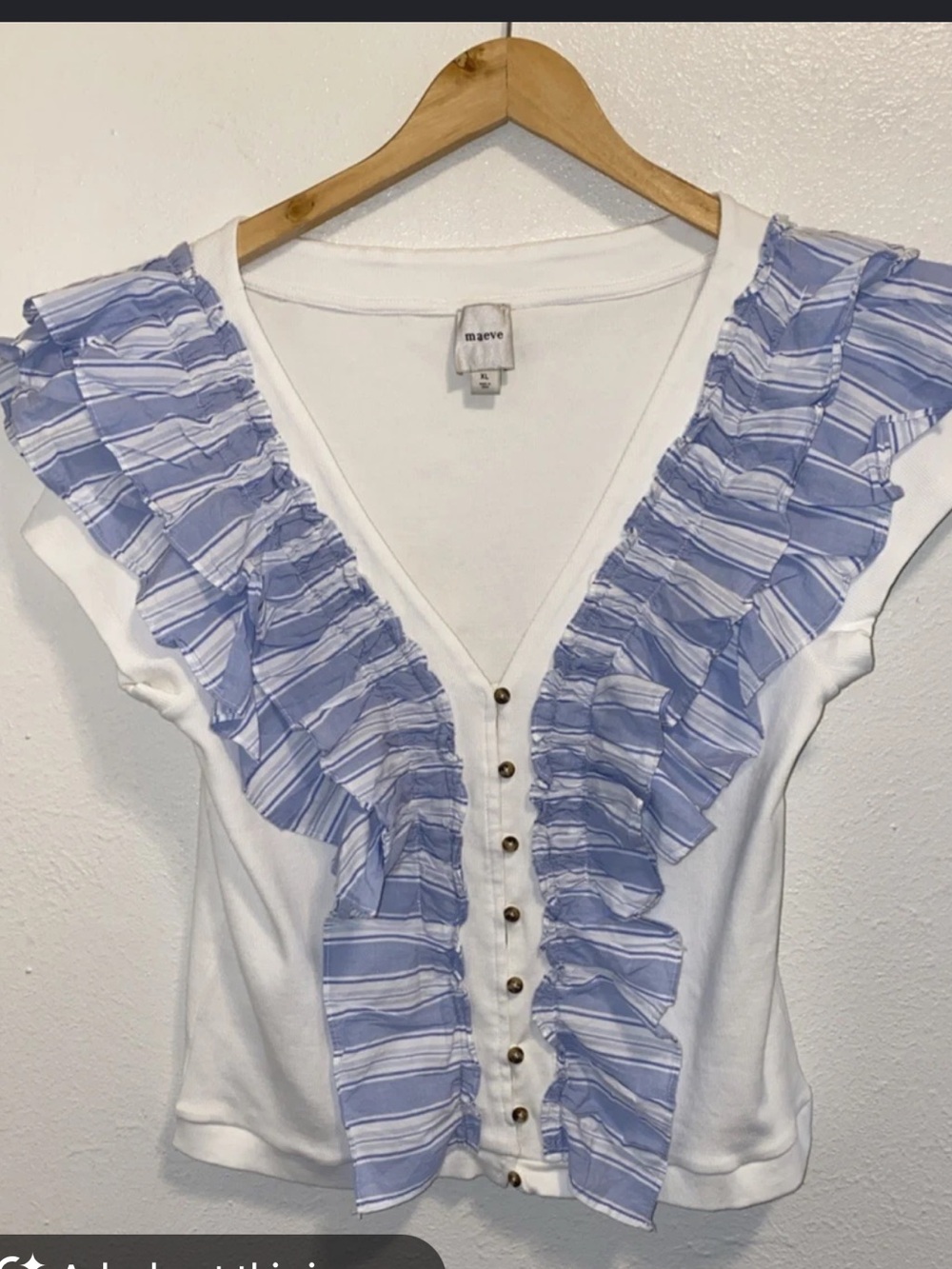 Maeve White Button-Front Top with Blue-Striped Ruffle